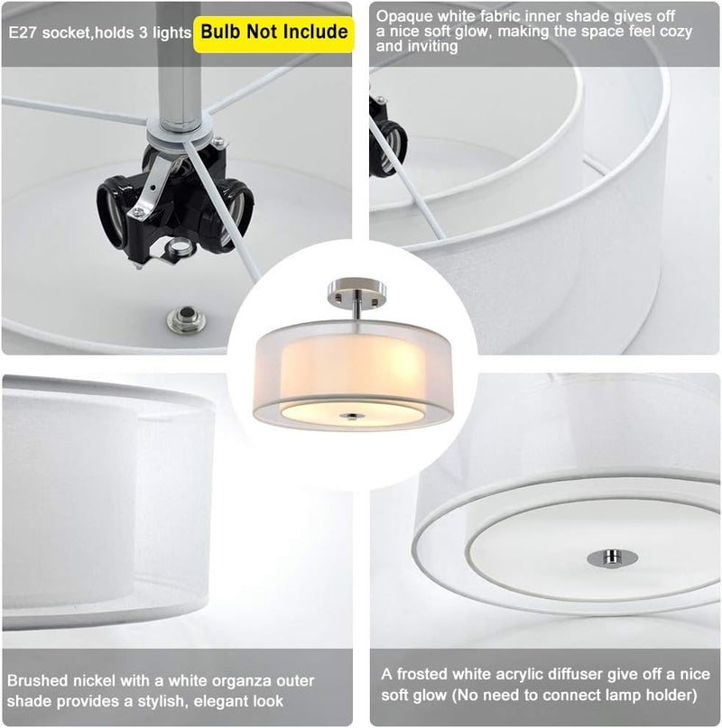 Semi Flush Mount Drum Ceiling Light Double Tier Creamy-White