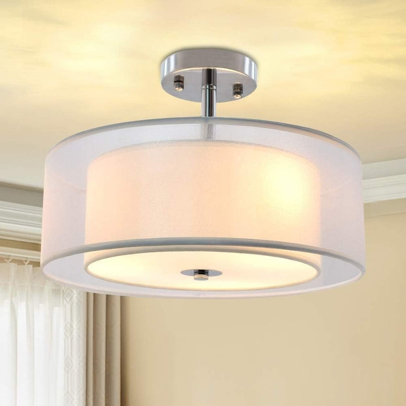 Semi Flush Mount Drum Ceiling Light Double Tier Creamy-White