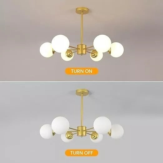 6 Light Chandelier Adjustable Height Gold Glass Shade Sputnik