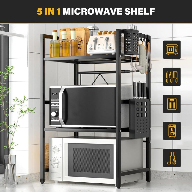 Extendable Microwave Stand with Hooks 3 Tier