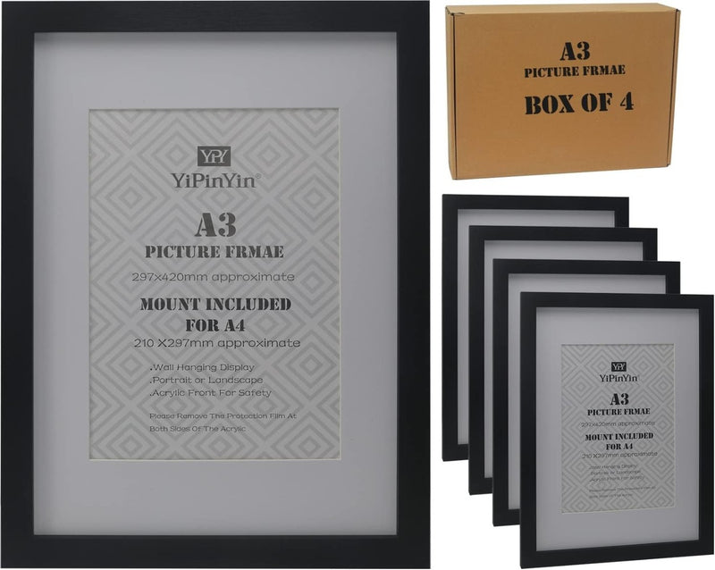 Black A3 (30x42cm) Picture Frame with Mount For A4 Set of 4