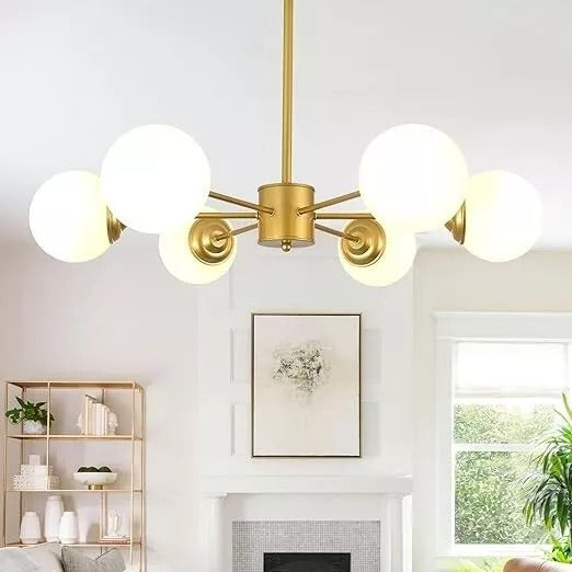 6 Light Chandelier Adjustable Height Gold Glass Shade Sputnik