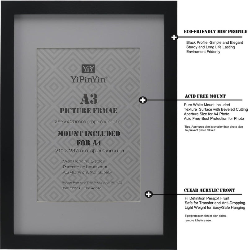 Black A3 (30x42cm) Picture Frame with Mount For A4 Set of 4