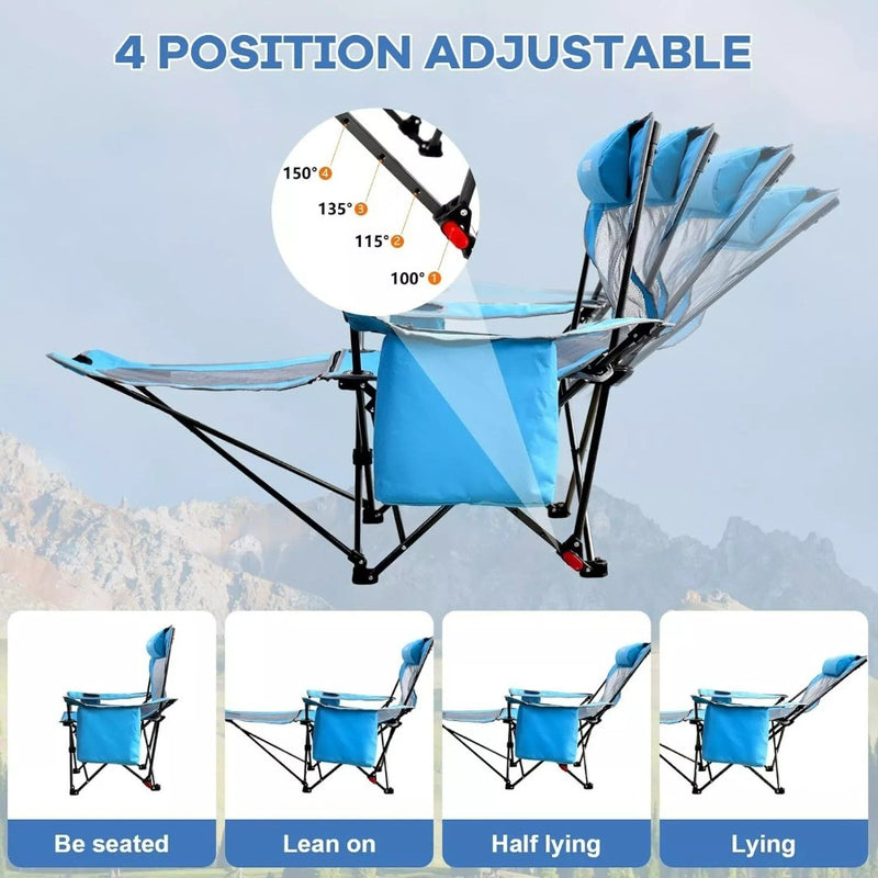 Reclining Camping Chair 4 Adjustments Foot Rest Blue 2pcs Pack