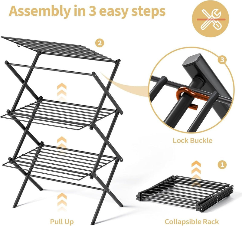 Foldable Drying Rack for Clothes - 3 Levels Space Saving - Extendable Frame