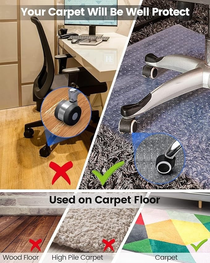 Office Chair Mat for Carpet Floor, 90x120 cm (3'x4') Non-slip Carpet Protector