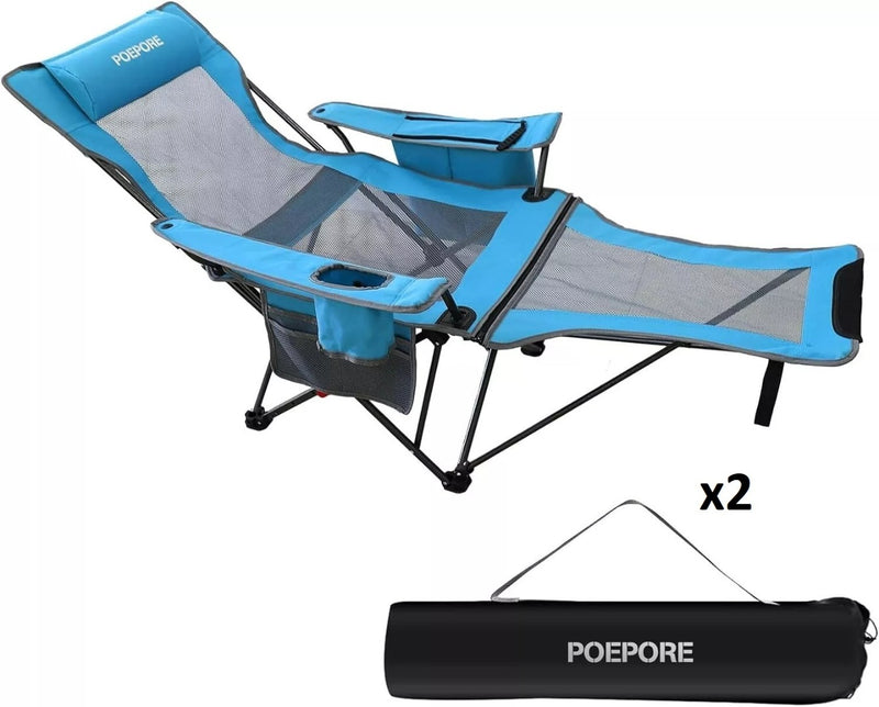 Reclining Camping Chair 4 Adjustments Foot Rest Blue 2pcs Pack