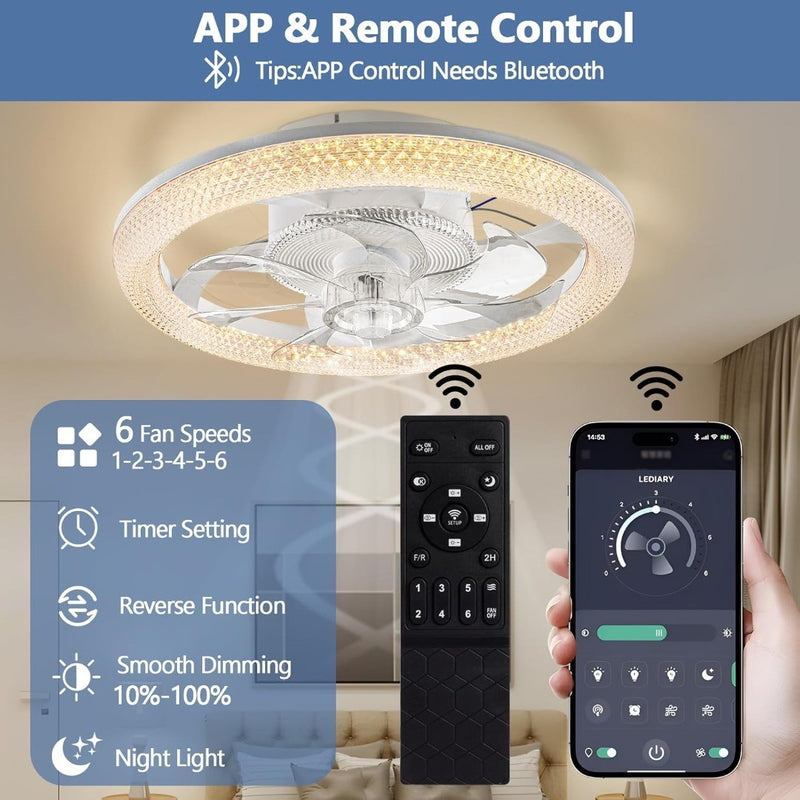 Smart Ceiling Fan with Light 48cm Remote Control Reversible 6Speed LED