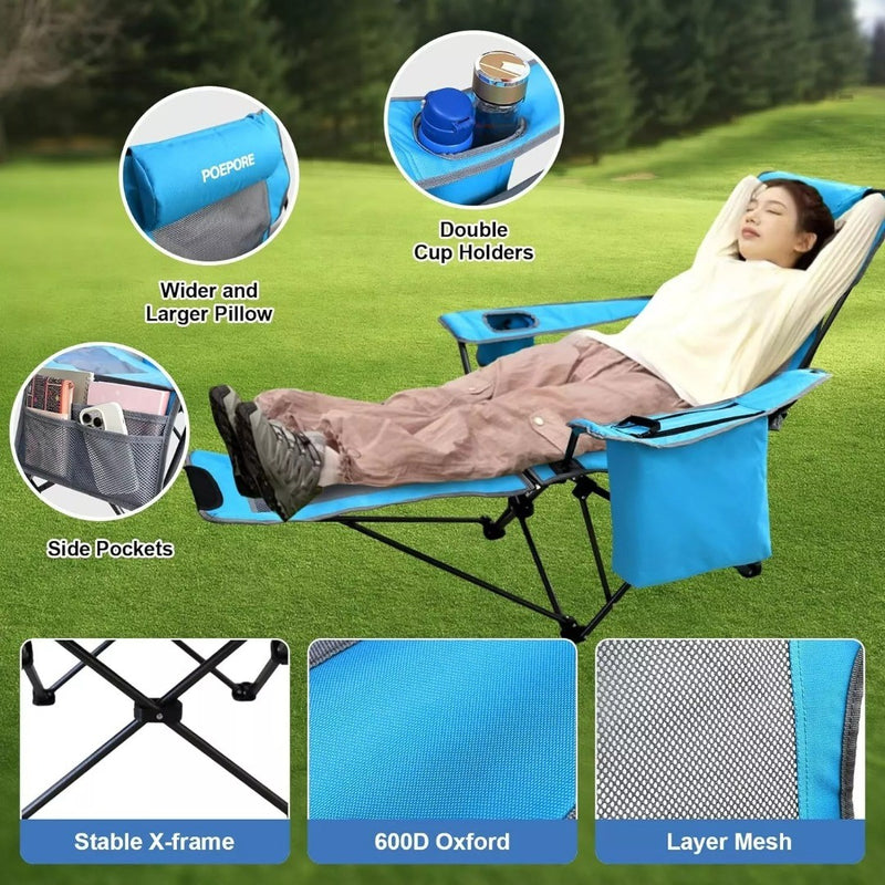 Reclining Camping Chair 4 Adjustments Foot Rest Blue 2pcs Pack