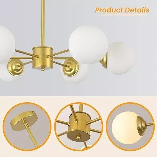 6 Light Chandelier Adjustable Height Gold Glass Shade Sputnik