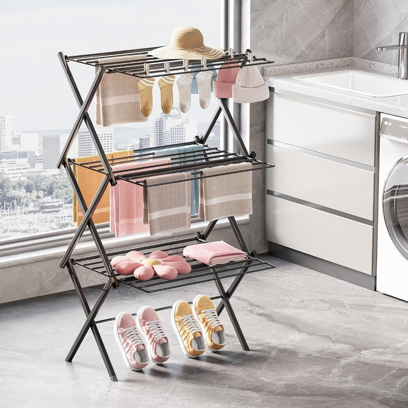 Foldable Drying Rack for Clothes - 3 Levels Space Saving - Extendable Frame