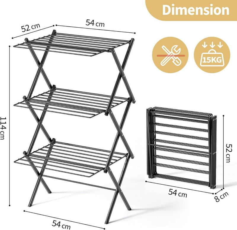 Foldable Drying Rack for Clothes - 3 Levels Space Saving - Extendable Frame