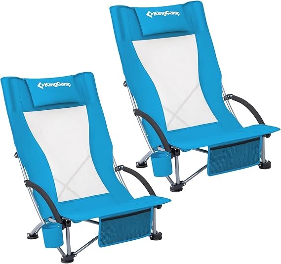 2 Pack Low Folding Camping Chair Compact Beach Chair with Armrests and Breathabl