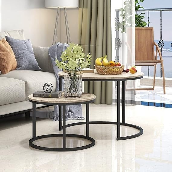 Round Coffee Tables Set of 2 Stacking End Side Tables with Sturdy Steel Metal