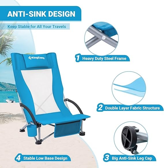 2 Pack Low Folding Camping Chair Compact Beach Chair with Armrests and Breathabl