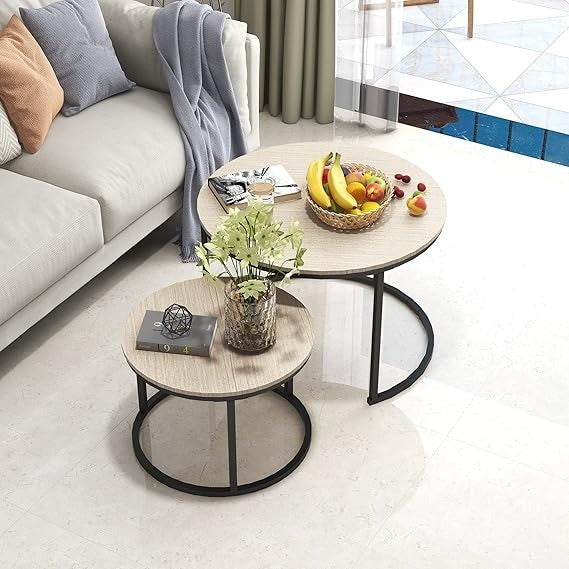 Round Coffee Tables Set of 2 Stacking End Side Tables with Sturdy Steel Metal