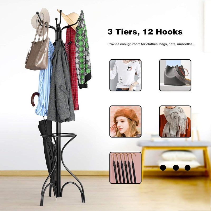 Coat Rack Freestanding, Entryway Coat Hanger with Umbrella Rack, Cloth