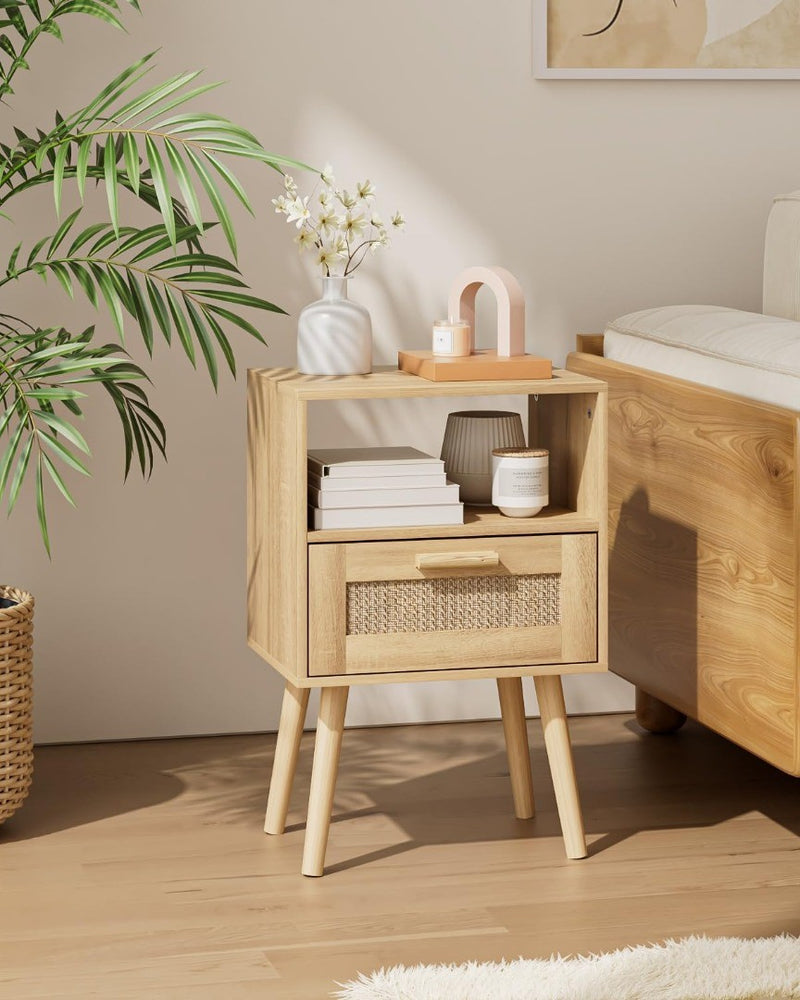 Bedside Table with PE Rattan Decor Drawer,Nightstand,Rattan Night Stand