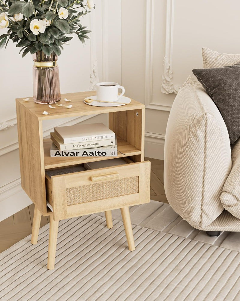 Bedside Table with PE Rattan Decor Drawer,Nightstand,Rattan Night Stand