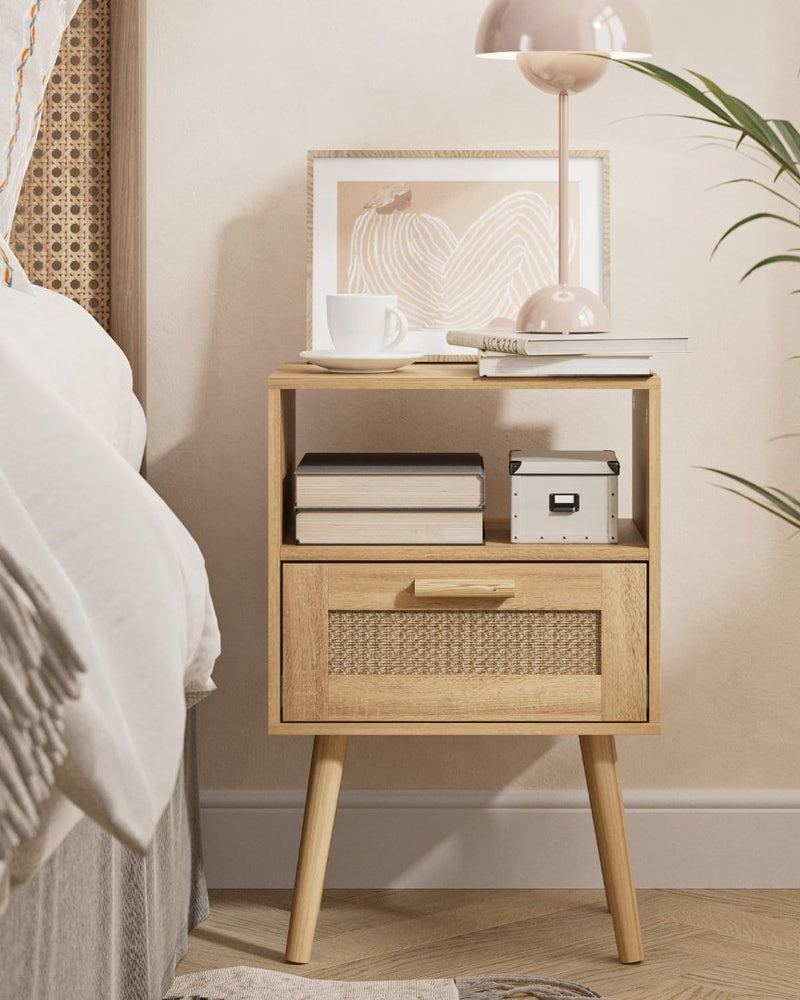 Bedside Table with PE Rattan Decor Drawer,Nightstand,Rattan Night Stand