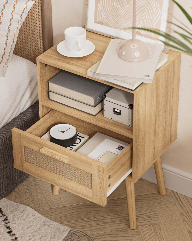 Bedside Table with PE Rattan Decor Drawer,Nightstand,Rattan Night Stand