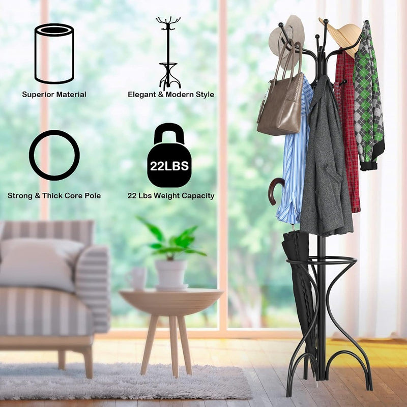 Coat Rack Freestanding, Entryway Coat Hanger with Umbrella Rack, Cloth