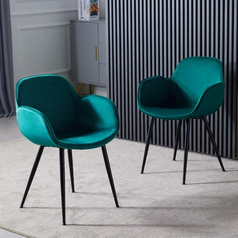 Set of 2 Velvet Dining Chair Occasional Armchair with Armrests in Dark Green.