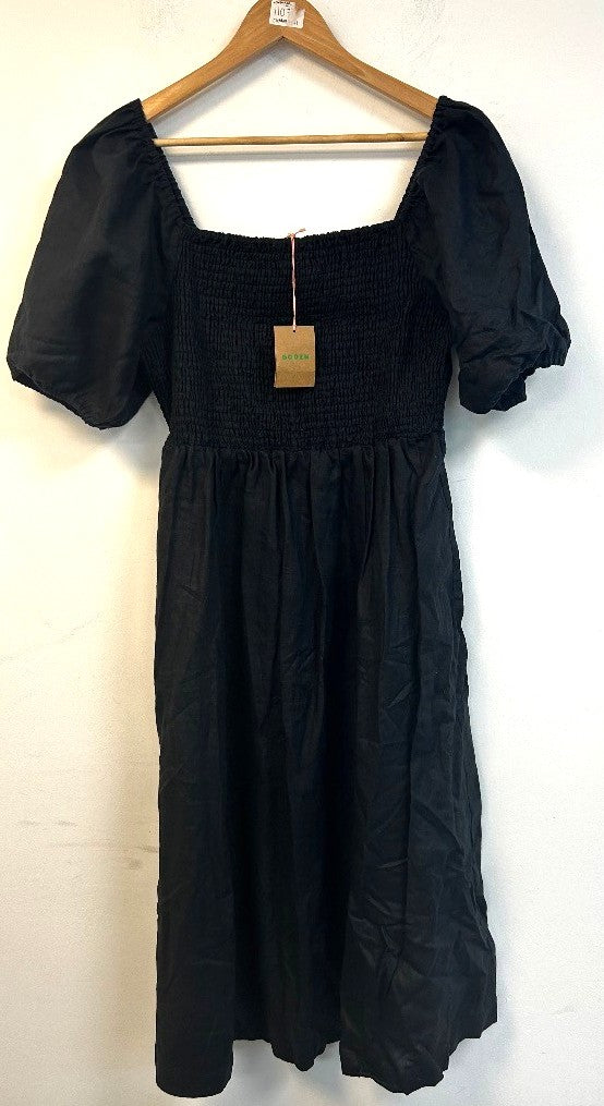 BODEN Sky Smocked Linen Midi Dress UK 18R Black NWT w/Fault