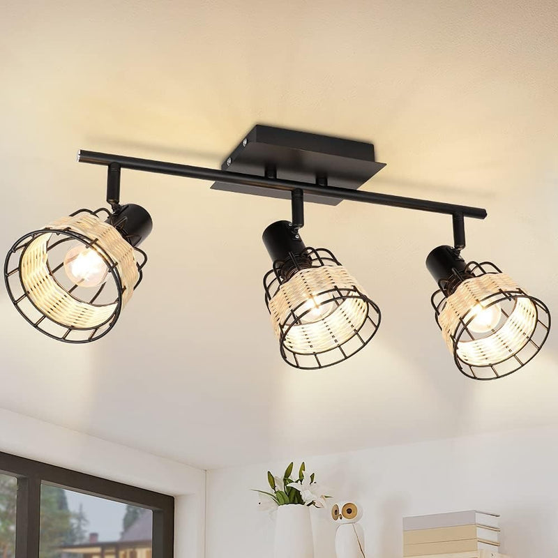 Depuley Ceiling Spotlight Vintage 3 Bulbs, Swivelling Spotlight Rattan with E14