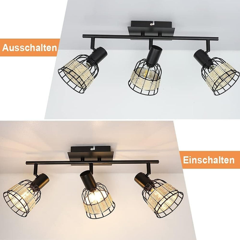 Depuley Ceiling Spotlight Vintage 3 Bulbs, Swivelling Spotlight Rattan with E14