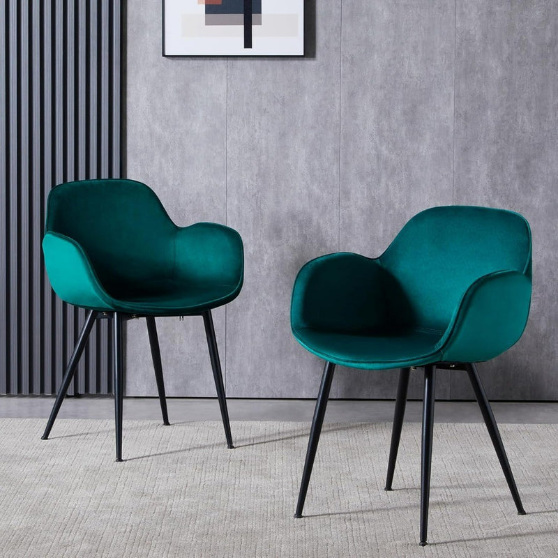 Set of 2 Velvet Dining Chair Occasional Armchair with Armrests in Dark Green.