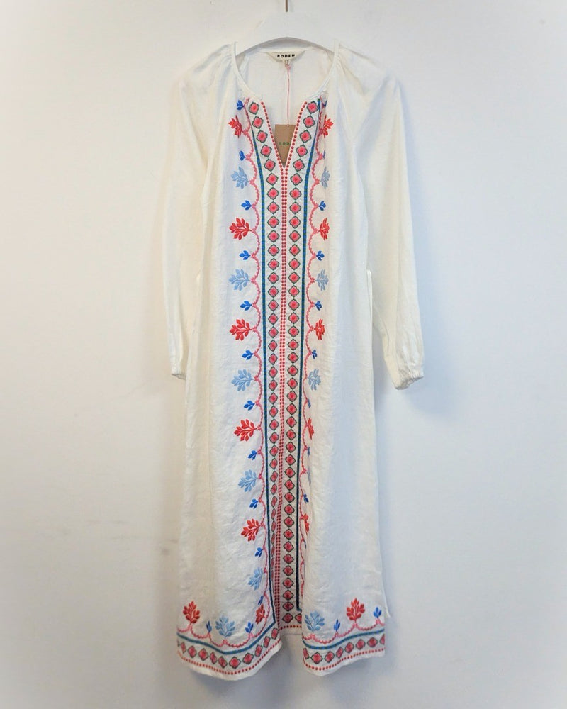 BODEN Embroidered Belted Linen Dress UK 10P Minor Fault