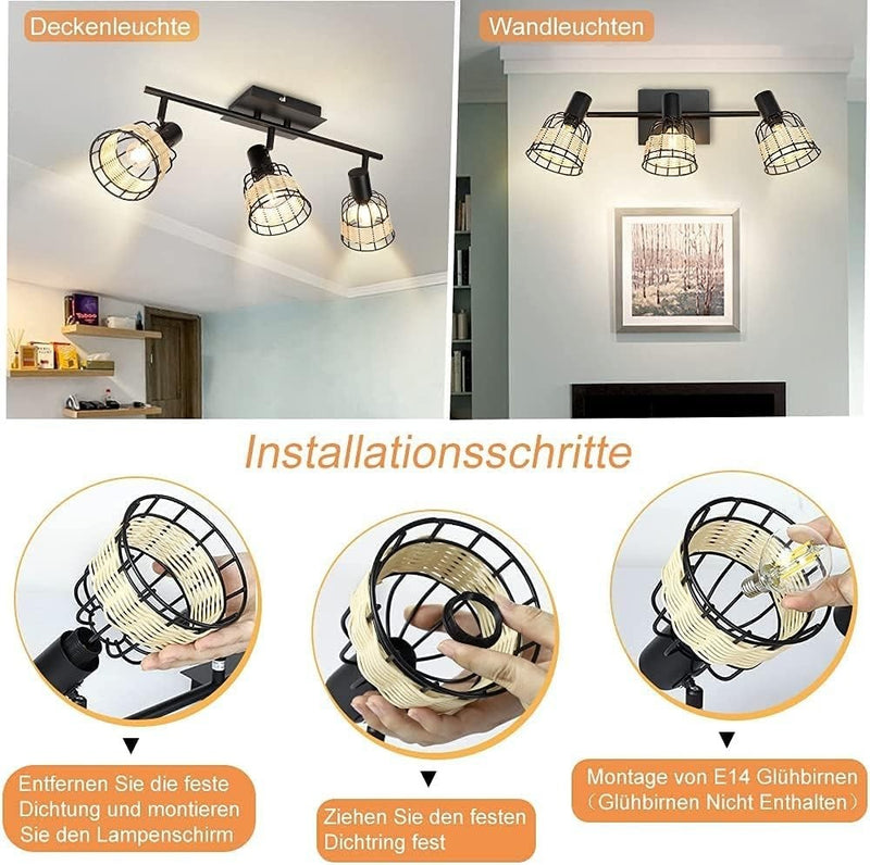 Depuley Ceiling Spotlight Vintage 3 Bulbs, Swivelling Spotlight Rattan