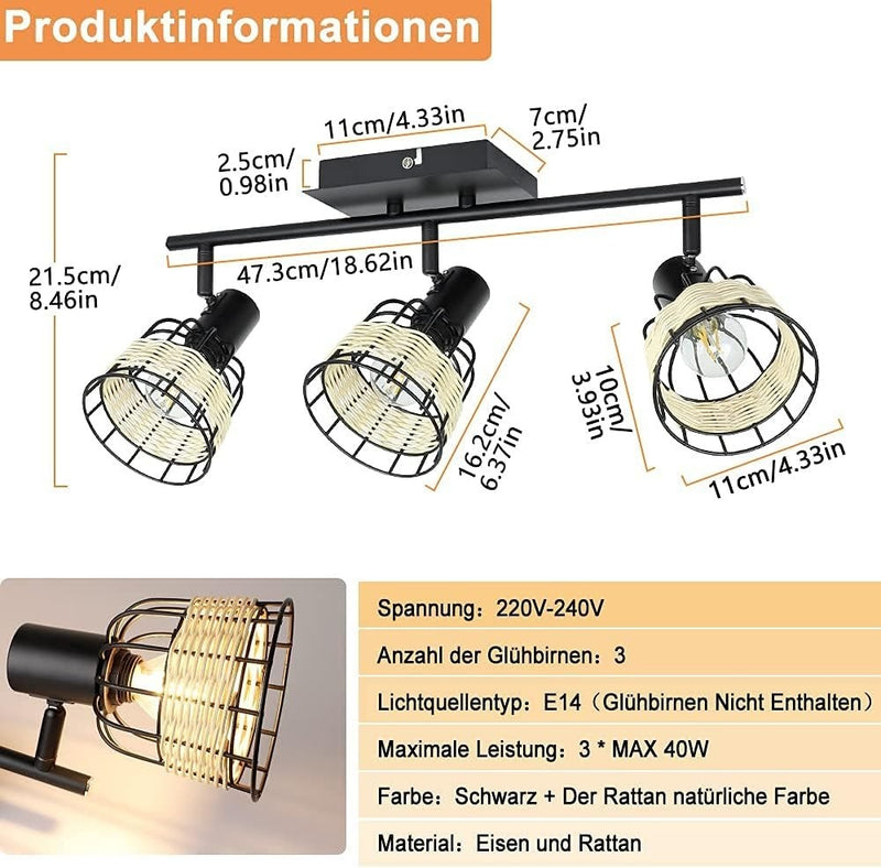 Depuley Ceiling Spotlight Vintage 3 Bulbs, Swivelling Spotlight Rattan