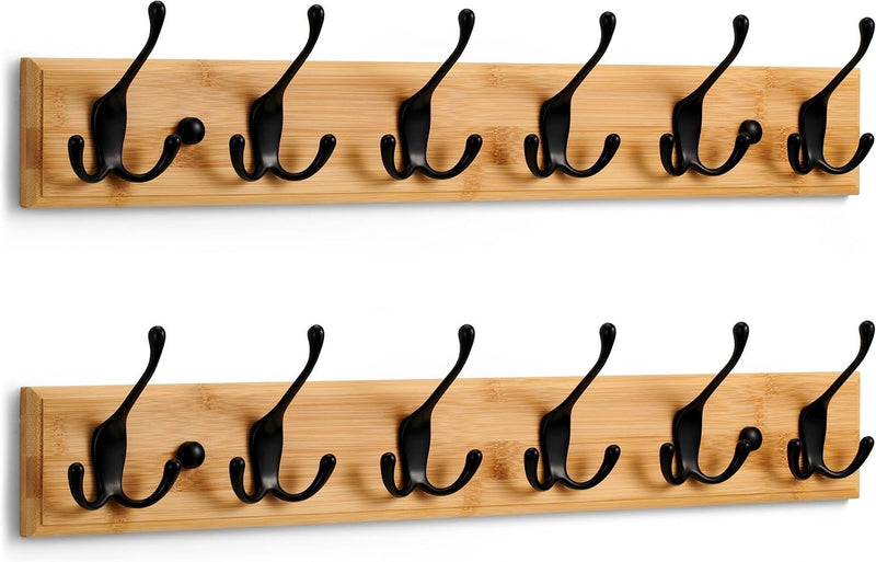 LARHN Wooden Coat Hooks - Wall Mounted Coat Rack (2-Pack) - 6 Triple Black Coat