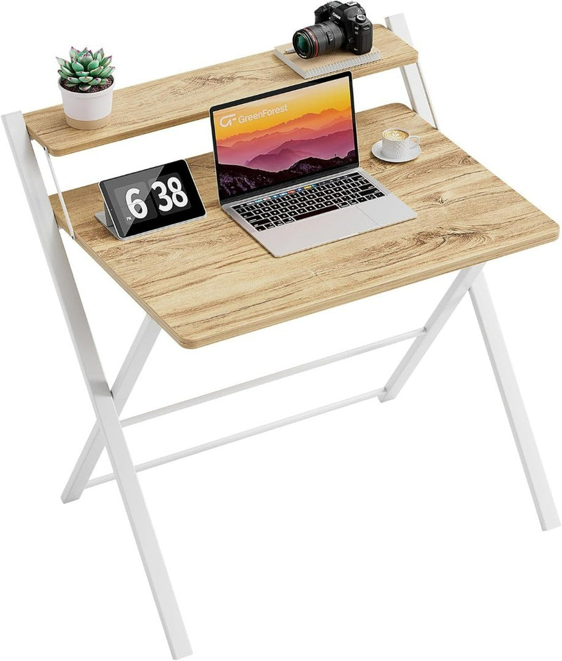 Folding Computer Desk with 2-Tier Shelf for small spaces in Beige Colour