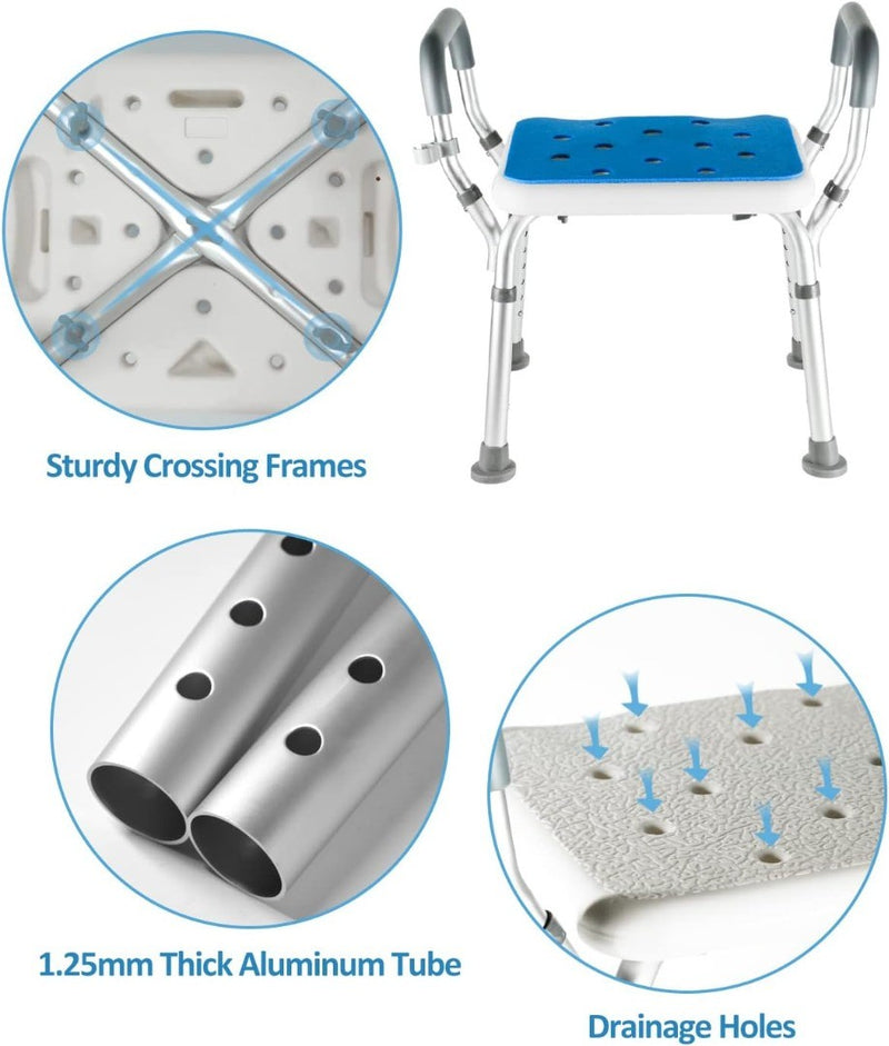 Shower Chair Adjustable White w/ Blue Padding