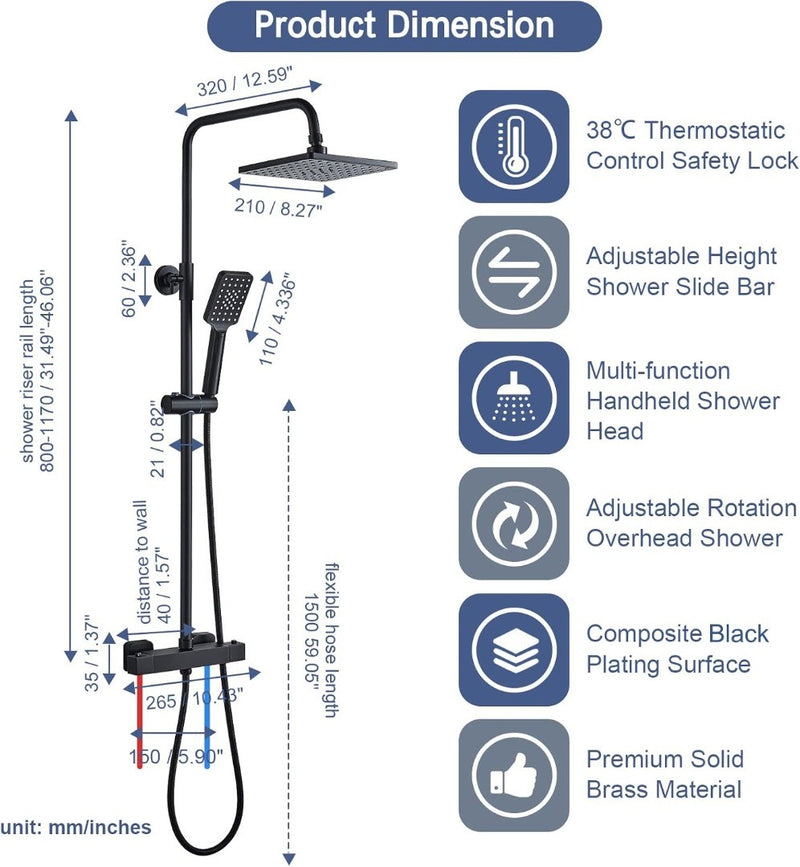 Thermostatic Shower Mixer Set Matte Black