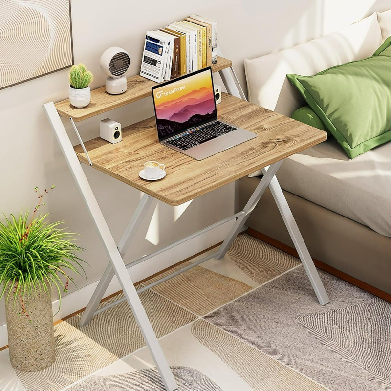 Folding Computer Desk with 2-Tier Shelf for small spaces in Beige Colour