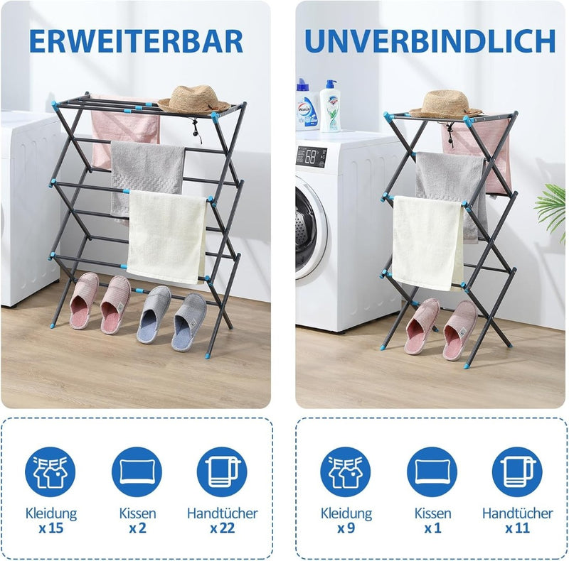 Expandable Clothes Drying Rack 3-Tier Black Blue