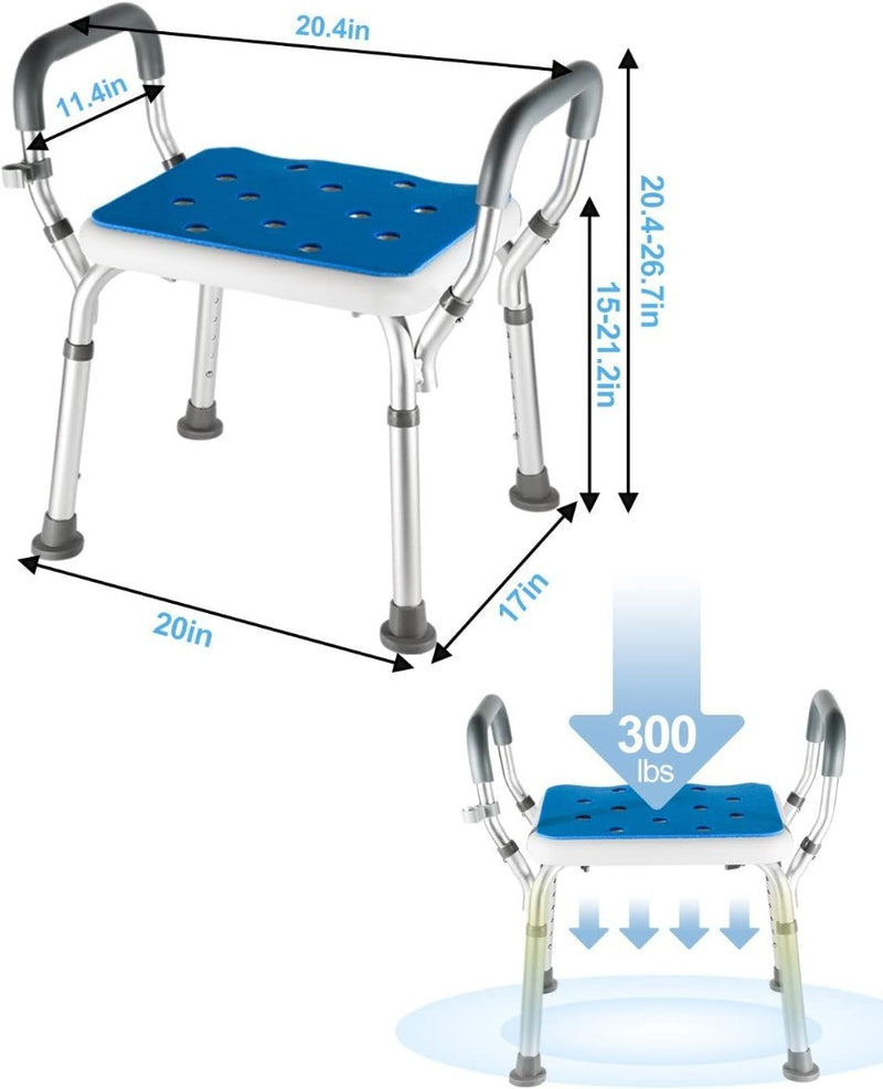 Shower Chair Adjustable White w/ Blue Padding