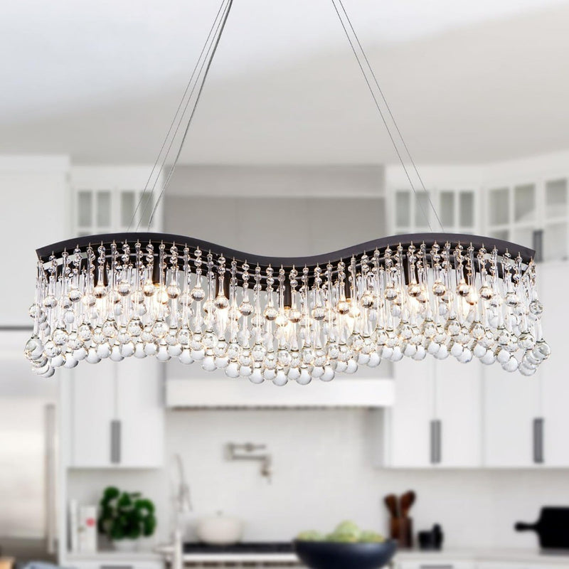 Crystal Chandelier- Black Wellmet 40", Modern Rectangle Farmhouse Chandelier