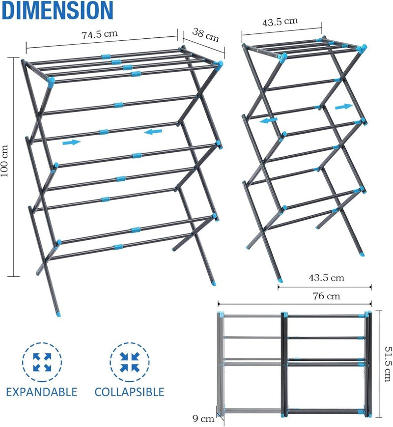 Expandable Clothes Drying Rack 3-Tier Black Blue