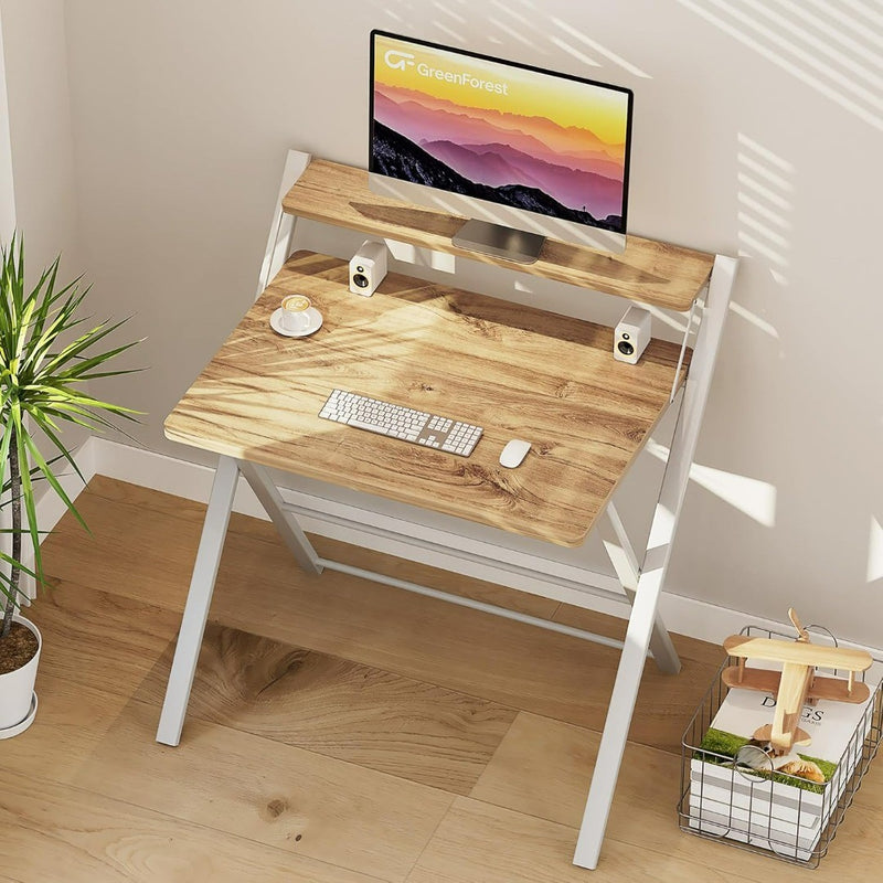 Folding Computer Desk with 2-Tier Shelf for small spaces in Beige Colour