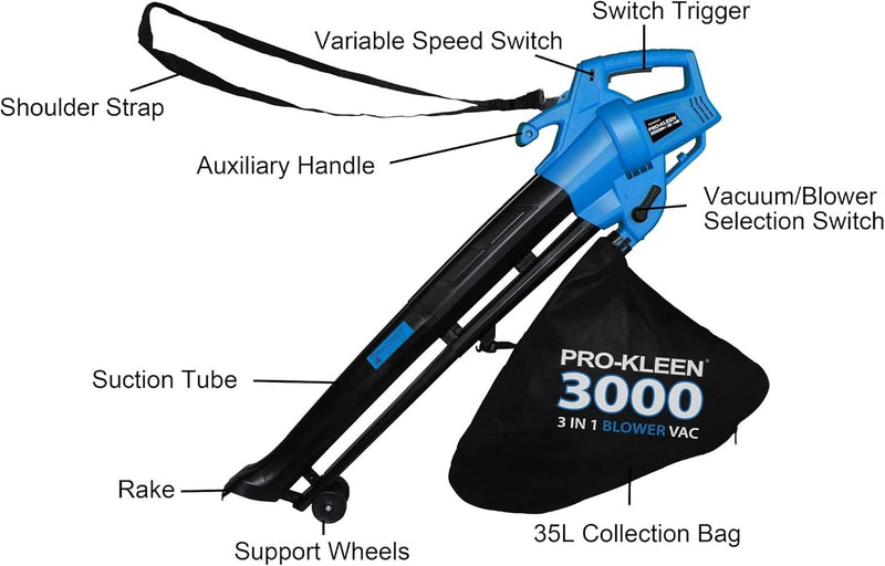 Garden Leaf Blower And Vacuum - 3000W UK Plug, 2 x 35L Large Collection Bags