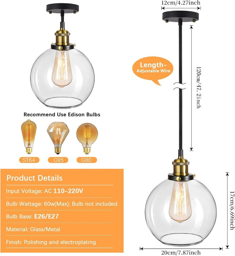 Frideko 2 Pack Pendant Light - Vintage Glass Pendant Light, Clear Glass Kitchen