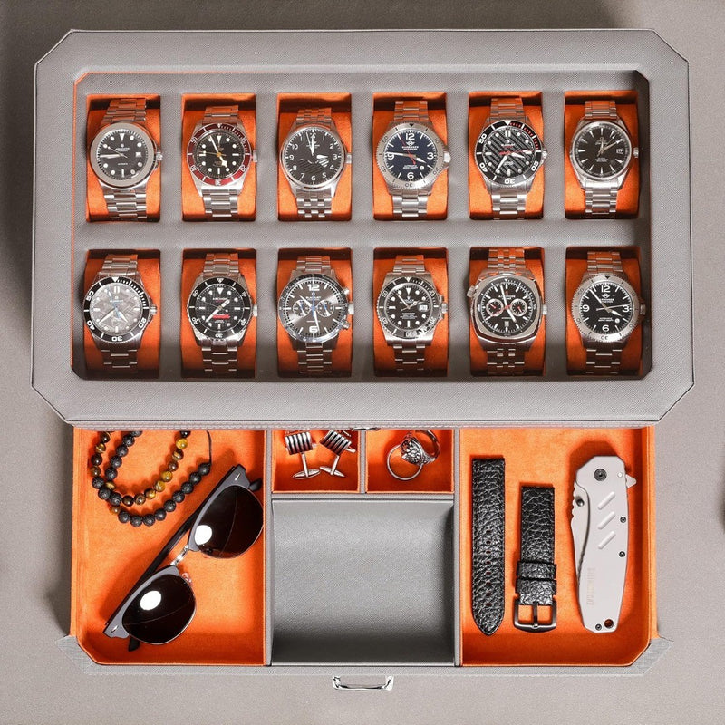 12 Slot Watch Box - Leather - Valet Drawer - Grey/Orange