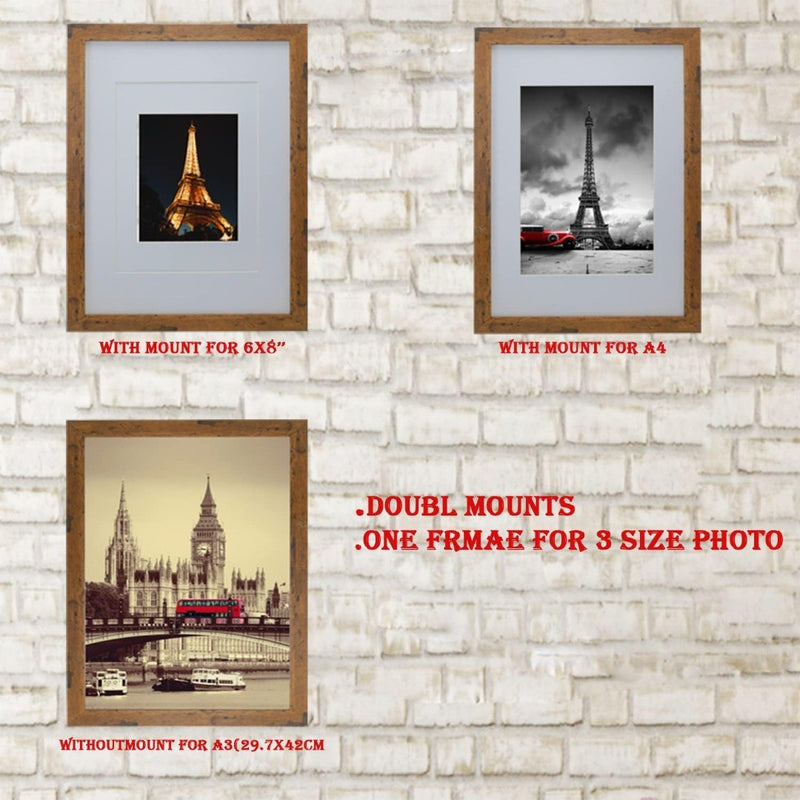 A3 Rustic Wood Photo Frame set of 3 with double mounts for A4 or 6x8 photo