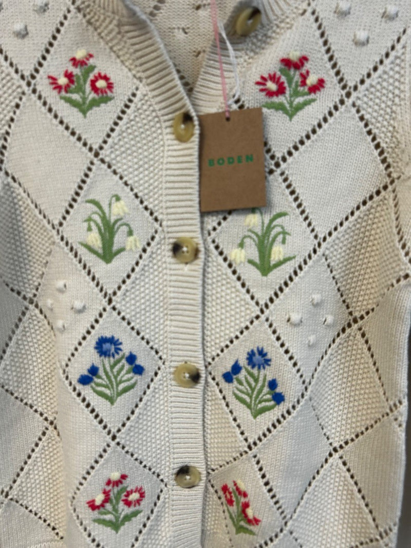 BODEN Cotton Embroidered Cardigan Size XS Warm Ivory NWT w/Fault