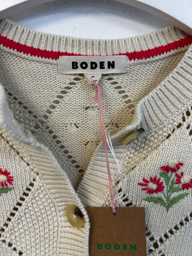 BODEN Cotton Embroidered Cardigan Size XS Warm Ivory NWT w/Fault